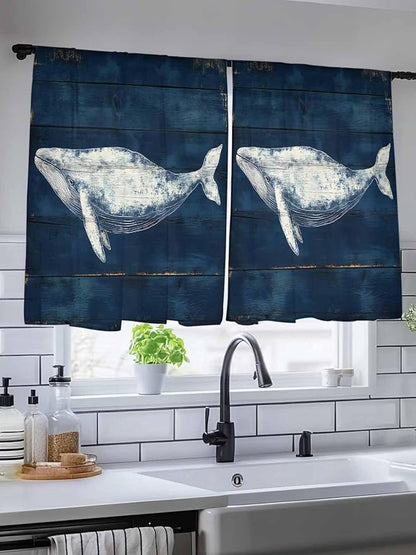 Sheer Curtains 54 Inch Length, Summer Whale Semi Sheer Curtains Light Filtering Window Treatment, Ocean Watercolor Wooden Grain Blue Privacy Voile Drapes for Living Room Bedroom 52x54 Inch