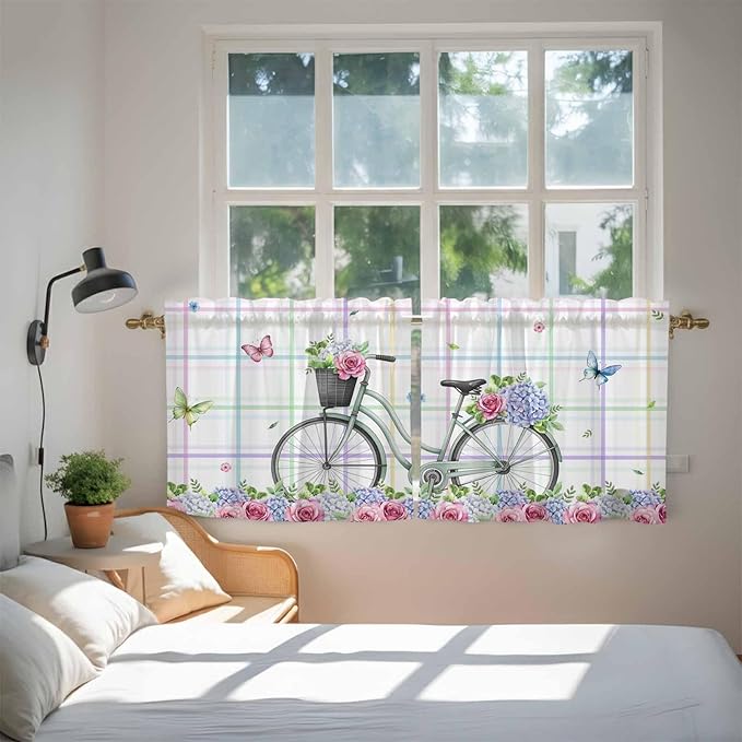 Spring Tier Curtains, Bicycles Botanical Leaves Rose Colorful Stripes Light Filtering Kitchen Curtains, 2Pcs Rod Pocket Half Window Treatments Panels for Sink Cafe Cabinet Camper 27.5x36 Inches