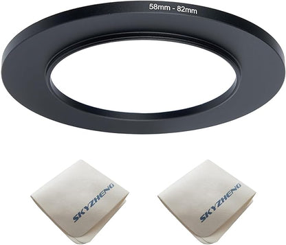 58mm Lens to 82mm Camera Lens Adapter 58mm to 82mm Step Up Ring Adapter Ring for All Brands of UV ND CPL, with Premium Lens Wiping Cloth 2 Pack (58mm-82mm)