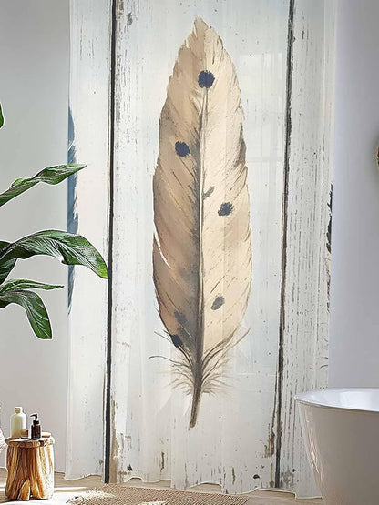 Sheer Curtains 96 Inches Long, Farmhouse Feather Semi Sheer Curtains Light Filtering Window Treatment, Watercolor Vintage Wooden Grain Privacy Voile Drapes for Living Room Bedroom 52x96 Inch