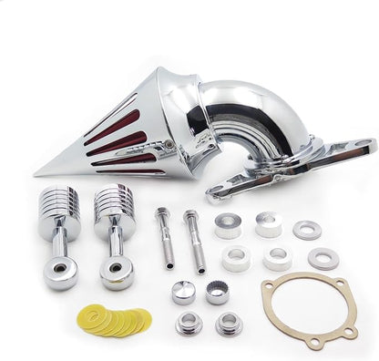 Cone Spike Air Cleaner Intake with Red Filter for Dyna Wide Glide 1999-2007 Road King 1999-2007 Fat Boy 2000-2007 Chrome