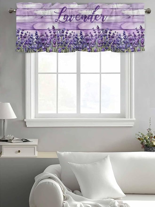 Kitchen Valances for Window, Retro Lavender on Farm Wood Grain Light Filtering Rod Pocket Valance Curtain, Watercolor Purple Flowers Short Curtains Window Topper for Bedroom Living Room 54x18in