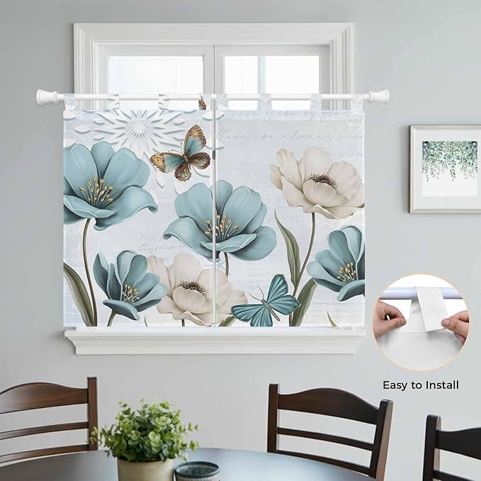 Blue Tulips Kitchen Curtains 45 Inch Length, Short Cafe Window Curtains Tab Top, Watercolor Flowers Butterfly Spring Farmhouse Blue Light Filtering Window Treatments Tier Drapes 27.5"x45" 2 Panel