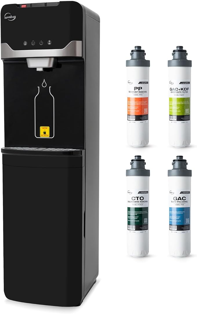 iSpring Bottleless Water Dispenser with Built-in 4-Stage Filtration, Chloramine Removal, Water Cooler Dispenser - Hot, Cold, Room Temp, Self Cleaning, Black，Model: DS4B-NC