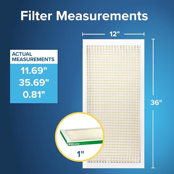 Filtrete 12x36x1 AC Furnace Air Filter, MERV 8, MPR 700, Tough on Pollen, Easy on Airflow, 3-Month Pleated 1-Inch Electrostatic Air Cleaning Filter, 4-Pack (Actual Size 11.69 x 35.69 x 0.81 in)