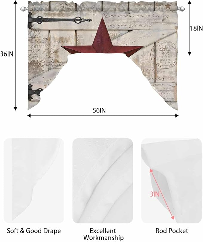 Village Stars Swag Kitchen Curtains Valance and Tier Set, Vintage Dark Red Star Beige Barn Doors Light-Filtering Swag Valance, Rod Pocket Short Curtain for Bedroom Cafe, 56x36 inches