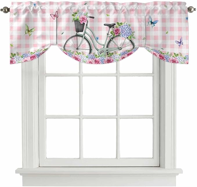 Spring Tie Up Valance Curtains for Windows, Kitchen Curtains Window Shades, Bicycles Leaves Butterfly Flowers Pink Buffalo Plaid Light Filtering Curtain Valances for Bedroom/Bathroom/Cafe 42"x18"