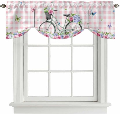 Spring Tie Up Valance Curtains for Windows, Kitchen Curtains Window Shades, Bicycles Leaves Butterfly Flowers Pink Buffalo Plaid Light Filtering Curtain Valances for Bedroom/Bathroom/Cafe 42"x18"