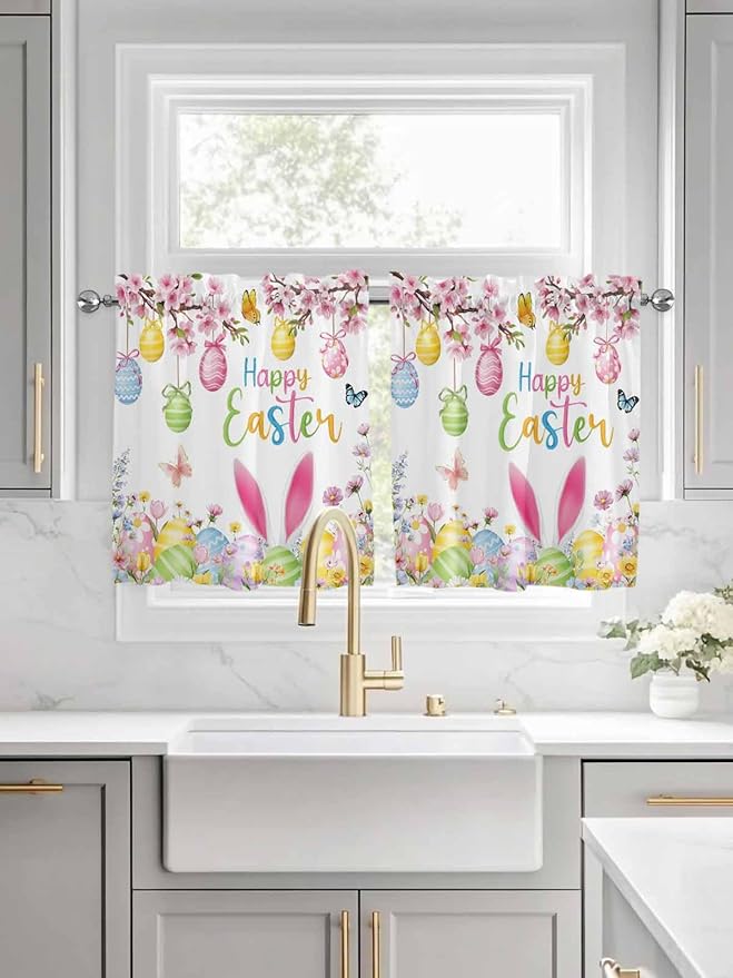 Happy Easter Half Window Curtain 36 Inches Long, Spring Watercolor Bunny Eggs Flower Branch Window Treatment Curtain Drapes, Small Tier Curtains for Bathroom Over Sink, 27.5"x36", 2 Panels