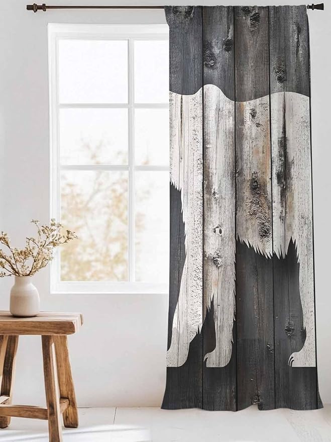 Sheer Curtains 96 Inches Long, White Brown Bear Semi Sheer Curtains Light Filtering Window Treatment, Farmhouse Country Vintage Wood Grain Privacy Voile Drapes for Living Room Bedroom 52x96 Inch