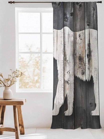Sheer Curtains 96 Inches Long, White Brown Bear Semi Sheer Curtains Light Filtering Window Treatment, Farmhouse Country Vintage Wood Grain Privacy Voile Drapes for Living Room Bedroom 52x96 Inch