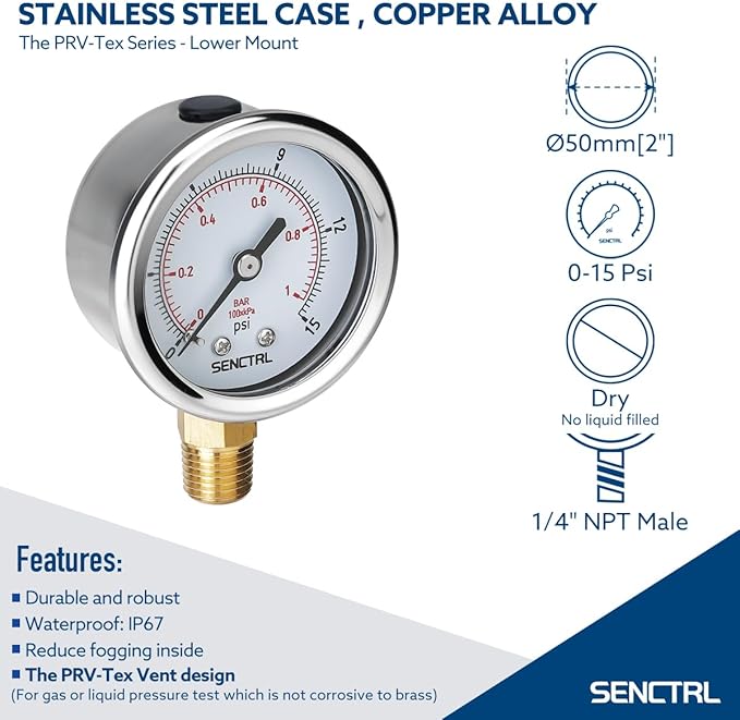 SENCTRL 0-15 Psi Low Pressure Gauge, 2" Dial Size, 1/4 Npt Lower Mount, Waterproof, Stainless Steel Case, for Water Air ATV Tire Gas Pressure Test