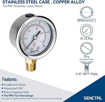 SENCTRL 0-15 Psi Low Pressure Gauge, 2" Dial Size, 1/4 Npt Lower Mount, Waterproof, Stainless Steel Case, for Water Air ATV Tire Gas Pressure Test