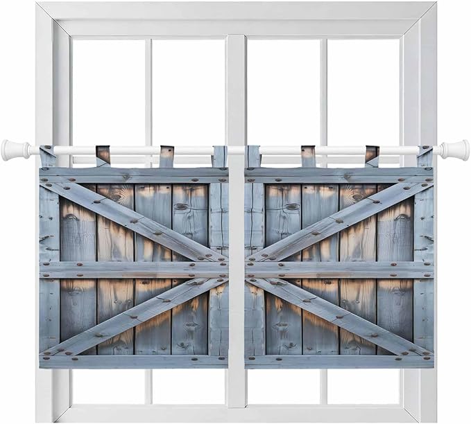 Farmhouse Wood Grain Kitchen Curtains 36 Inch Length, Small Window Curtains Tab Top, Vintage Country Barn Gate Textured Light Filtering Short Window Treatments Tier Drapes 27.5"x36" 2 Panel