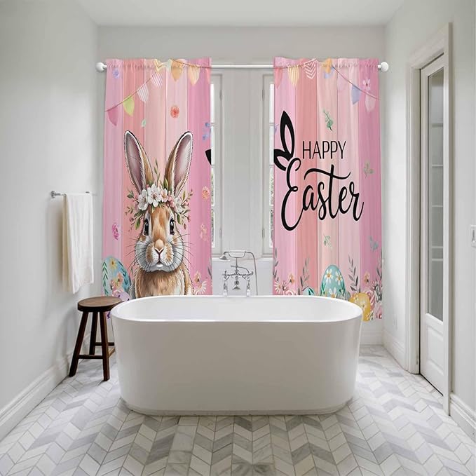 Easter Kitchen Curtains, Spring Rabbit Eggs Flowers Flags Leaves Wood Grain Light Filtering Window Curtain Panels, 2Pcs Rod Pocket Window Treatments Set for Living Room Bathroom Bedroom 52x72 Inches