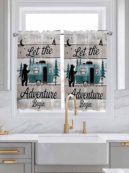 Farmhouse Bear Camper Van Tree Window Valance Curtains, Vintage Wood Grain Light Filtering Kitchen Valance with 3-inch Rod Pocket for Living Room Bathroom Bedroom,2 Panel,42x45In
