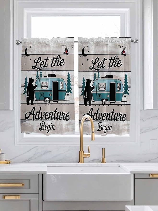 Farmhouse Bear Camper Van Tree Window Valance Curtains, Vintage Wood Grain Light Filtering Kitchen Valance with 3-inch Rod Pocket for Living Room Bathroom Bedroom,2 Panel,42x54In