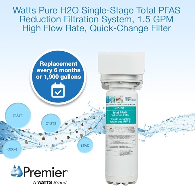 Watts Premier H2O-DWCBTP100 Single-Stage Total PFAS Reduction Under Counter Water Filtration System, Reduces Forever Chemicals, High Flow Rate 1.5 GPM, 1/4 Turn Quick Change, 1,900 Gallon Capacity