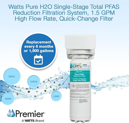 Watts Premier H2O-DWCBTP100 Single-Stage Total PFAS Reduction Under Counter Water Filtration System, Reduces Forever Chemicals, High Flow Rate 1.5 GPM, 1/4 Turn Quick Change, 1,900 Gallon Capacity