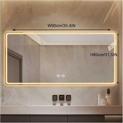 Bathroom Mirror with LED Lights，Smart Illuminated LED Bathroom Mirror，Energy-Saving LED Smart Mirrors，LED Mirror for Bathroom，with Demister Pad and Smart Touch Switch(H80*W90cm/H31.5*W35.4IN)