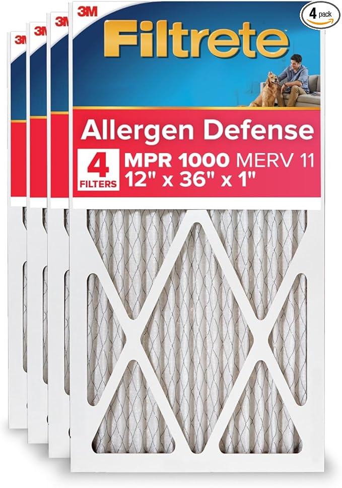 Filtrete 12x36x1 AC Furnace Air Filter, MERV 11, MPR 1000, Micro Allergen Defense, 3-Month Pleated 1-Inch Electrostatic Air Cleaning Filter, 4 Pack (Actual Size 11.69 x 35.69 x 0.81 in)