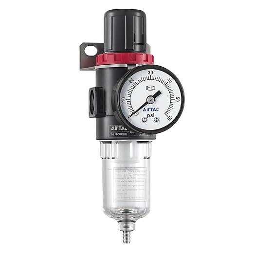 Compressed Air Low Pressure Filter Regulator Airtac AFR2000-C 1/4'' NPT 0-60 PSI Combo Piggybac Adjustable,Bracket,Gauge Semi-Auto Drain