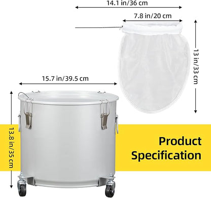 PioneerWorks Fryer Grease Bucket 10 Gal, Coated Carbon Steel Oil Filter Pot with Caster Base, Oil Disposal Caddy, Transport Container with Lid Lock Clip Nylon Filter Bag, Silver