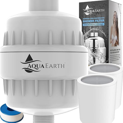 Shower Head Filter For Hard Water 20 Stages to Remove Chlorine Fluoride Water Softener Coconut Shell Activated Carbon Reduces Dry Itchy Skin Heavy Metals Other Sediments Vitamin C Aqua Earth