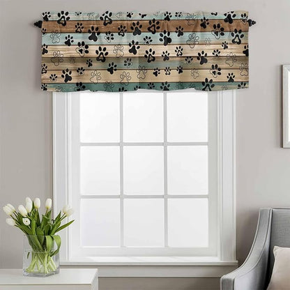 Dog Paws Valances for Windows, Teal Brown Wood Grain Kitchen Valance Light Filtering Rod Pocket Short Curtains for Kitchen Bathroom, 1 Panel, 54"x18"
