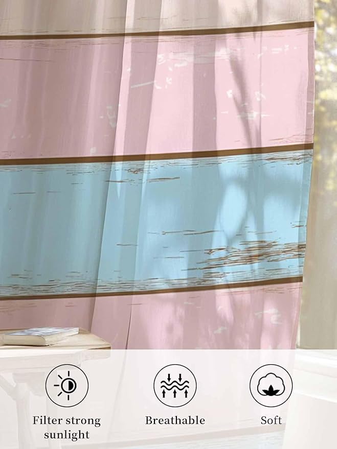 Sheer Curtains 72 Inches Long, Pink Blue Wood Grain Semi Sheer Curtains Light Filtering Window Treatment, Farmhouse Country Shabby Striped Privacy Voile Drapes for Living Room Bedroom 52x72 Inch