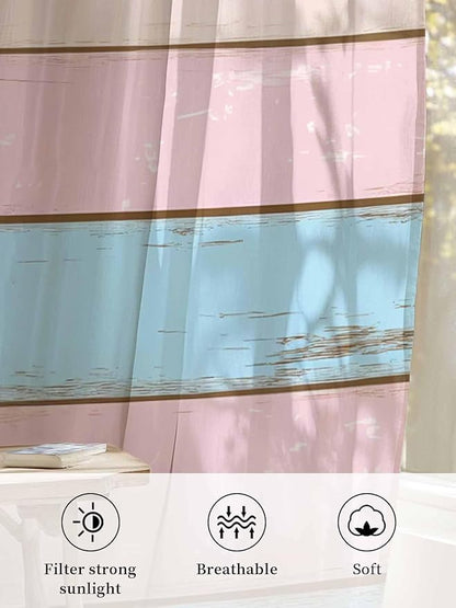 Sheer Curtains 72 Inches Long, Pink Blue Wood Grain Semi Sheer Curtains Light Filtering Window Treatment, Farmhouse Country Shabby Striped Privacy Voile Drapes for Living Room Bedroom 52x72 Inch