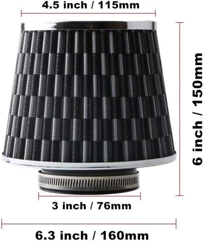 Universal Clamp-On Cold Intake Cone Air Filter 3", Washable Filter, High Flow Cone Filter, Flange Diameter 3 Inch Black