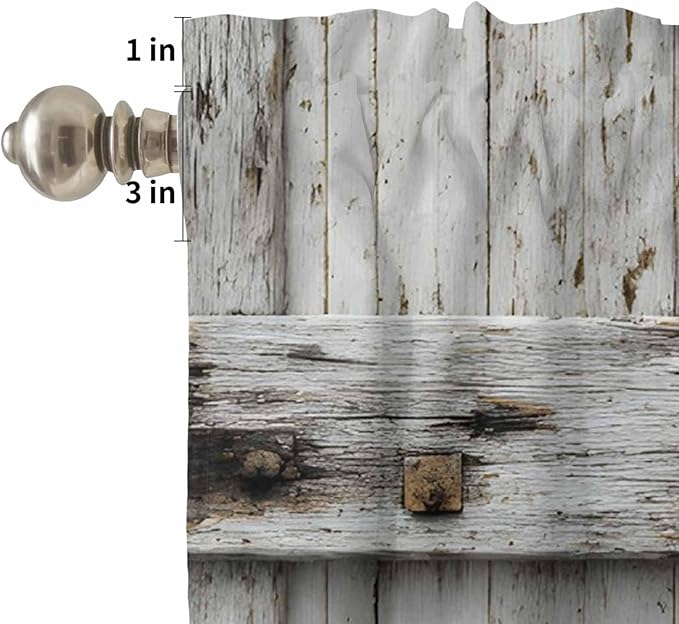 Kitchen Curtains Tiers and Valance Set of 3, Vintage Gate Light Filtering Window Curtain Set, Farmhouse Wooden Grain Shabby Chic Door Rod Pocket Curtain Drapes for Cafe, Living Room, 36 Inches Tiers