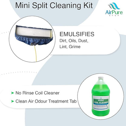 Mini Split Cleaning Kit with 3.78L No-Rinse Coil Cleaner, Sprayer, Odor Treatment Tab & Protective Bag - Removes Dirt & Grime for Heat Pump, AC, HVAC - Fits Units Up to 50 Inches
