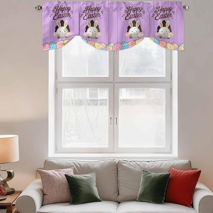 Purple Easter Tie Up Valance Curtains for Windows, Kitchen Curtains Window Shades, Spring Cartoon Bunny Colorful Eggs Wood Grain Light Filtering Curtain Valances for Bedroom/Bathroom/Cafe 60"x18"