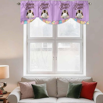 Purple Easter Tie Up Valance Curtains for Windows, Kitchen Curtains Window Shades, Spring Cartoon Bunny Colorful Eggs Wood Grain Light Filtering Curtain Valances for Bedroom/Bathroom/Cafe 42"x12"