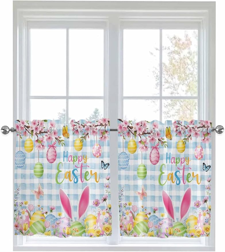 Happy Easter Half Window Curtain 36 Inches Long, Spring Watercolor Bunny Eggs Flower Blue Plaid Window Treatment Curtain Drapes, Small Tier Curtains for Bathroom Over Sink, 27.5"x36", 2 Panels