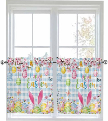 Happy Easter Half Window Curtain 36 Inches Long, Spring Watercolor Bunny Eggs Flower Blue Plaid Window Treatment Curtain Drapes, Small Tier Curtains for Bathroom Over Sink, 27.5"x36", 2 Panels