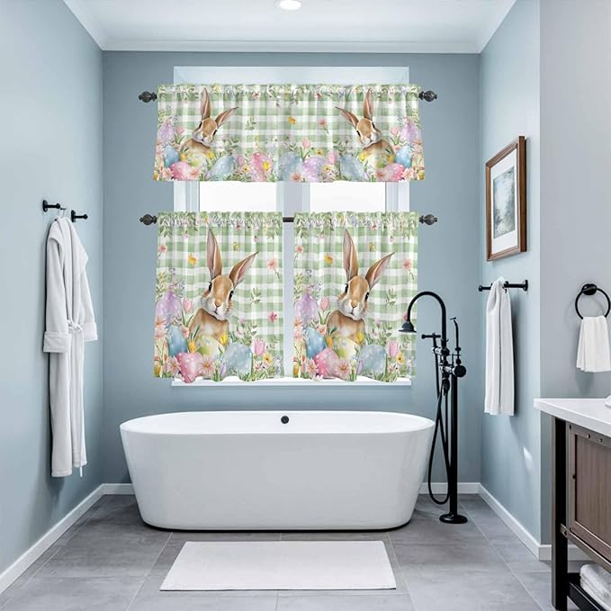 Kitchen Curtains Tiers and Valance Set of 3, Easter Light Filtering Window Curtain Set, Spring Bunny Colorful Eggs Floral Leaves Grey Plaid Rod Pocket Curtain Drapes for Living Room, 24 Inches Tiers