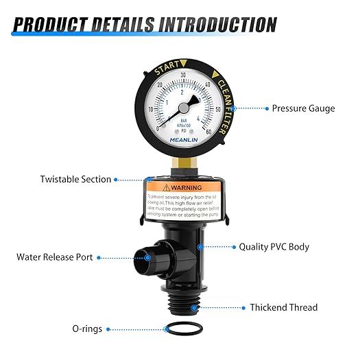 MEANLIN MEASURE 98209800 High Flow Air Relief Valve Replacement for Pool and Spa Filter, Air Relief Manual Valve Assembly with 60Psi Steel Start and Clean Filter Pressure Gauge