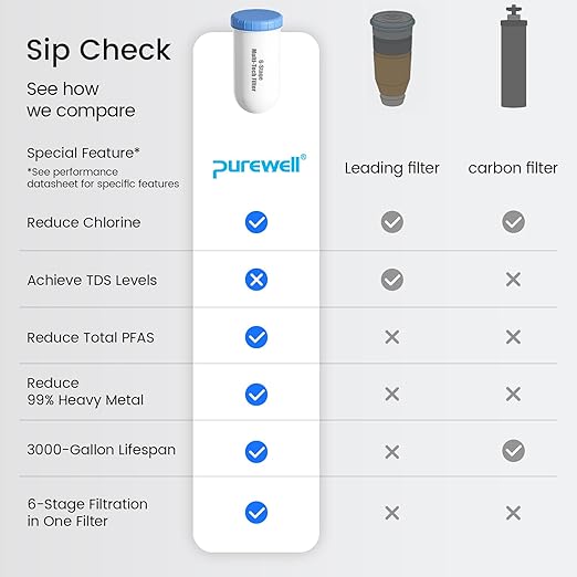 Purewell PFAS-Free 6-Stage Gravity Water Filter System with PC Water Level Window, Certified to Reduce Lead, Total PFAS (Forever Chemicals), Mercury, and Chlorine, SF-2.25G