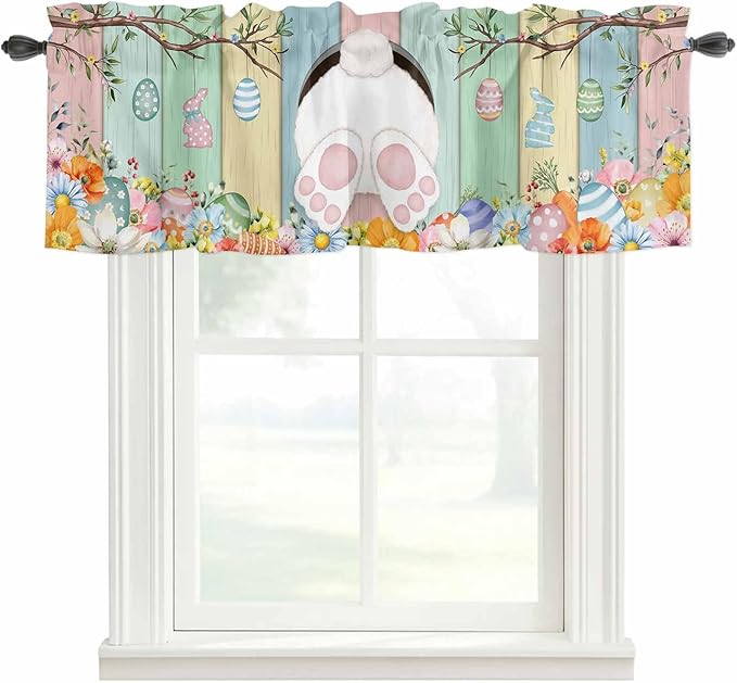 Easter Curtain Valances for Windows, Kitchen Valance Window Treatment, Spring Colorful Bunny Eggs Flower Wood Grain Light Filtering Block Curtains for Bathroom/Bedroom/Living Room 42'' x 18''