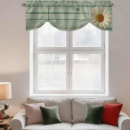 Daisy Flower Tie Up Valance Curtains for Windows, Kitchen Curtains Window Shades, Modern Art Floral Farmhouse Teal Wooden Grain Light Filtering Roman Curtain Valances for Bedroom/Bathroom/Cafe 54"x18"