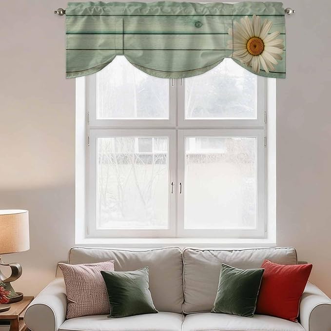 Daisy Flower Tie Up Valance Curtains for Windows, Kitchen Curtains Window Shades, Modern Art Floral Farmhouse Teal Wooden Grain Light Filtering Roman Curtain Valances for Bedroom/Bathroom/Cafe 60"x18"