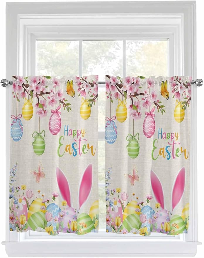 Happy Easter Kitchen Curtains 45 Inches length, Spring Farmhouse Bunny Eggs Flower Beige Window Treatment Curtain Drapes, Lightweight Window Panels for Living Room Bedroom, 52"x45", 2 Panels