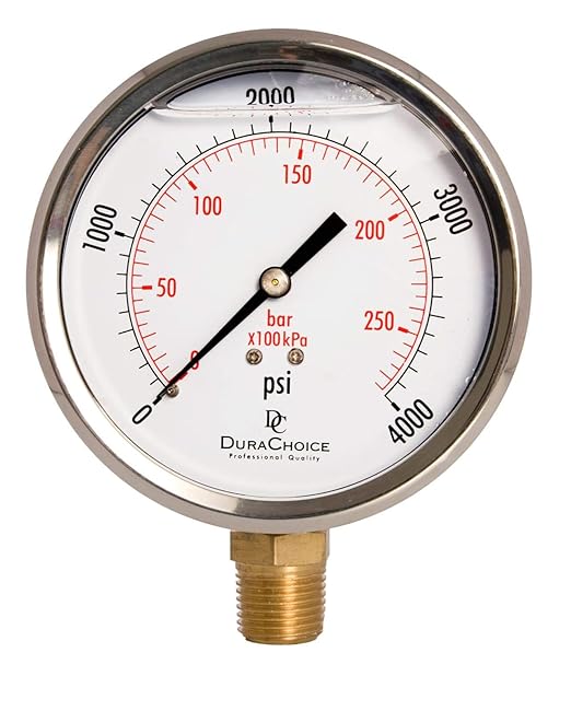 4" Oil Filled Pressure Gauge - Stainless Steel Case, Brass, 1/2" NPT, Lower Mount Connection, 0-4,000PSI