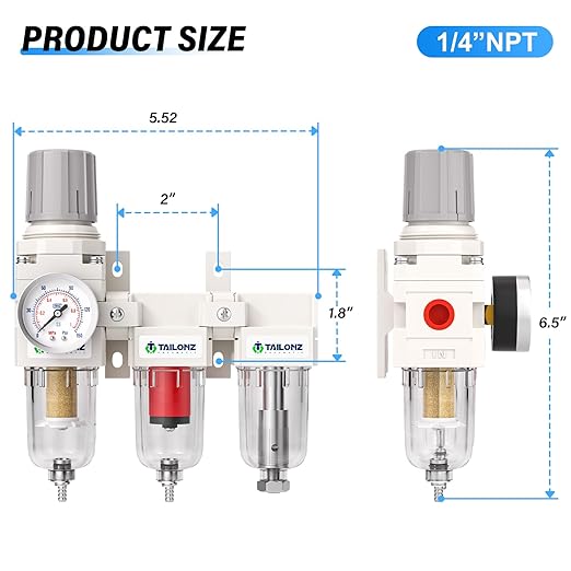TAILONZ PNEUMATIC 0-150PSI 1/4 Inch NPT Grade 3 Stage Air Drying System, Particulate Filter, 5/0.01 Micron Filter Air Filter Pressure Regulator (Manual Drainage）
