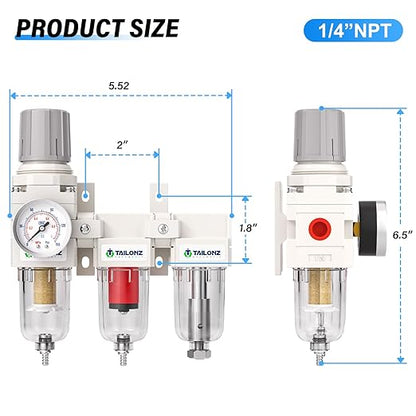 TAILONZ PNEUMATIC 0-150PSI 1/4 Inch NPT Grade 3 Stage Air Drying System, Particulate Filter, 5/0.01 Micron Filter Air Filter Pressure Regulator (Manual Drainage）