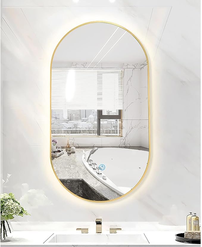 Oval LED Illuminated Bathroom Mirror, Wall-mounted Vanity Makeup Mirror with Demister Pad, 3 Dimmable Color Temperatures & Touch Control, Metal Frame Anti-Fog Lighted Wall Mirror ( Color : Golden Fram