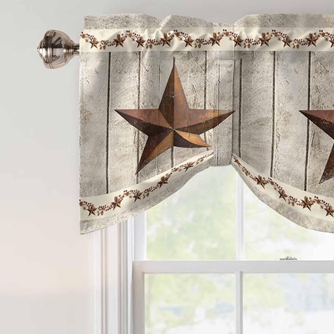 Western Texas Star Retro Tie Up Valance Curtains for Windows, Kitchen Curtains Window Shades, Country Farmhouse Gray Wood Grain Light Filtering Roman Curtain Valances for Bedroom/Bathroom/Cafe 60"x18"